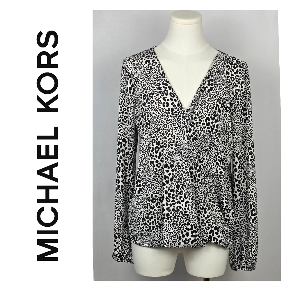 Michael Michael Kors Leopard Print Wrap Blouse – Adjustable Sleeves,  Size M